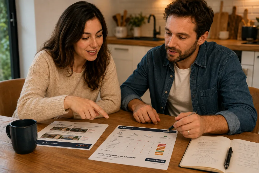 Un couple consulte le rapport d'audit à table